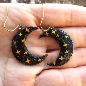 Gold and black moon with stars earrings 1 inch